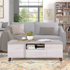 Table basse 1 tiroir Frelmer chêne blanc/gris vieilli - miBasics : Moderne du milieu du siècle, pieds évasés, étagères fixes