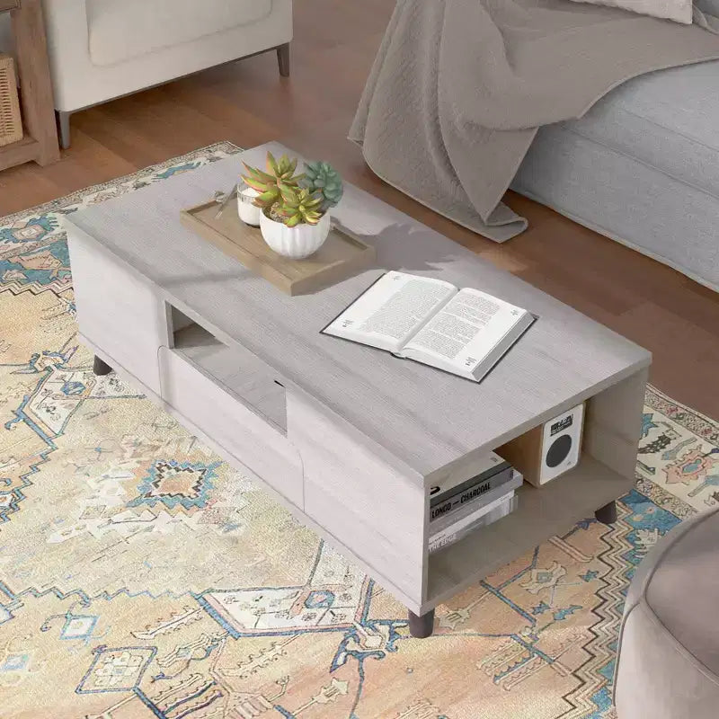 Table basse 1 tiroir Frelmer chêne blanc/gris vieilli - miBasics : Moderne du milieu du siècle, pieds évasés, étagères fixes
