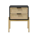 Nathan James Andrew 2 Drawers Side Table Matte Black Rattan: Brass Gold Hardware, Durable Metal Legs