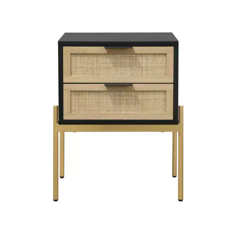 Nathan James Andrew 2 Drawers Side Table Matte Black Rattan: Brass Gold Hardware, Durable Metal Legs