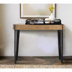 Console en bois Astoria Storied Home, naturel/noir : finition chêne blanc, pieds épingle en fer, meuble d'entrée