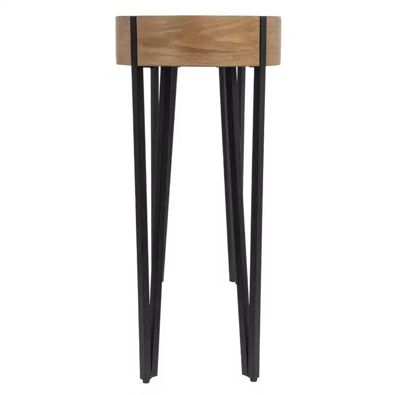 Console en bois Astoria Storied Home, naturel/noir : finition chêne blanc, pieds épingle en fer, meuble d'entrée