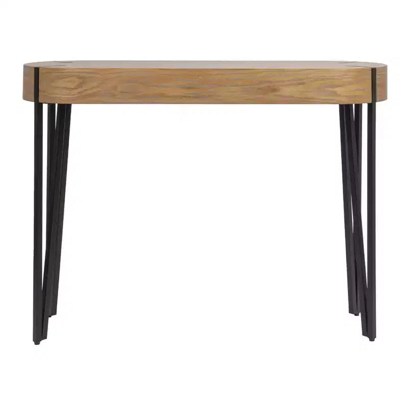 Console en bois Astoria Storied Home, naturel/noir : finition chêne blanc, pieds épingle en fer, meuble d'entrée