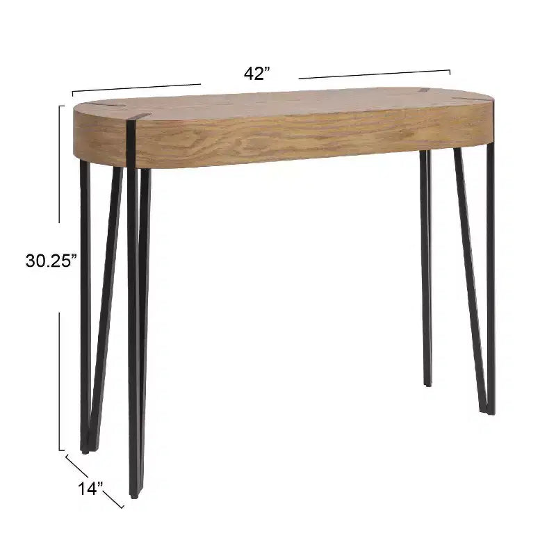 Console en bois Astoria Storied Home, naturel/noir : finition chêne blanc, pieds épingle en fer, meuble d'entrée