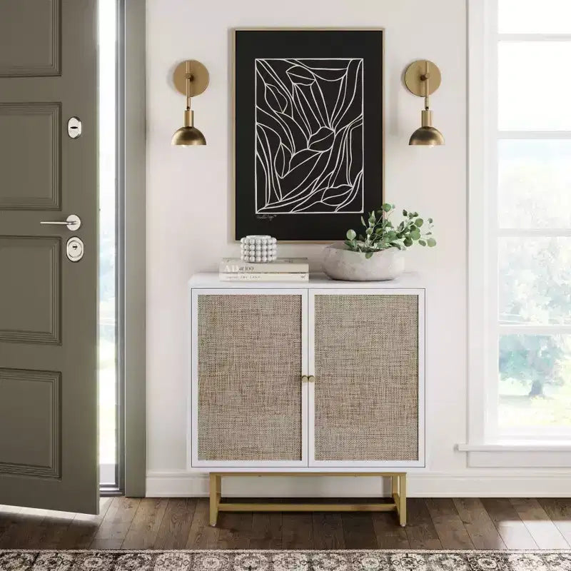 Nathan James Kova Meuble de rangement en rotin texturé Bois blanc : surface en chêne, cadre en métal, étagère fixe, hauteur 81 cm