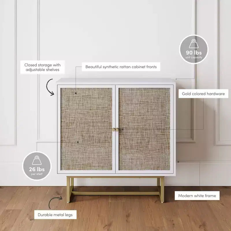Nathan James Kova Meuble de rangement en rotin texturé Bois blanc : surface en chêne, cadre en métal, étagère fixe, hauteur 81 cm