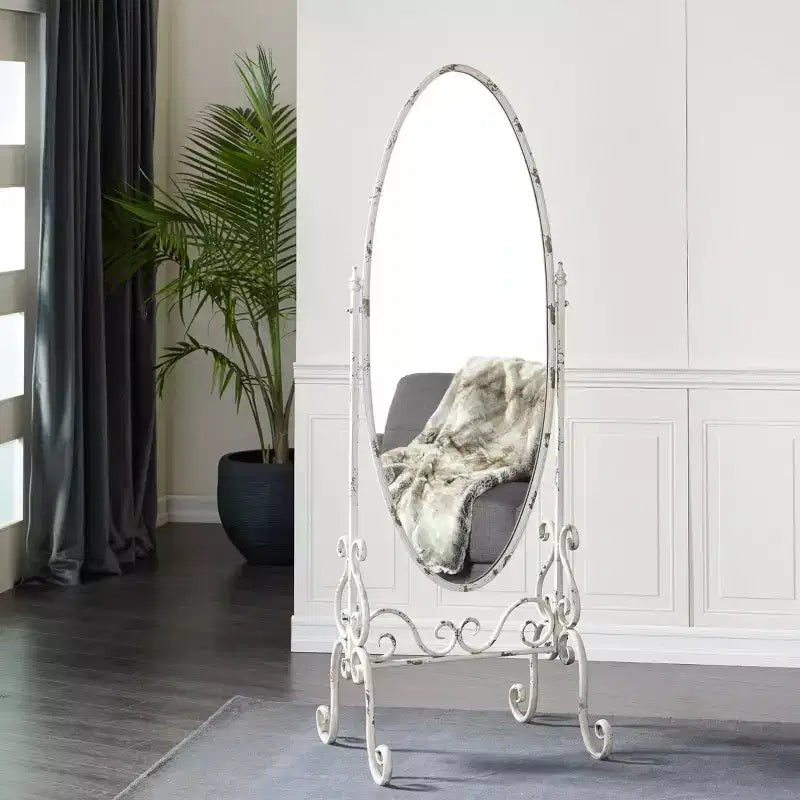 Miroir Console en Métal Vintage Blanc - Olivia & May : Psyché Ovale Autoportante, Cadre en Fer Texturé, Utilisation en Intérieur