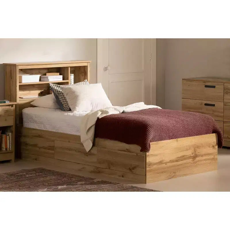 Lit double South Shore Versa chêne Nordik : style scandinave avec 3 tiroirs de rangement, cadre en panneaux de particules stratifiés