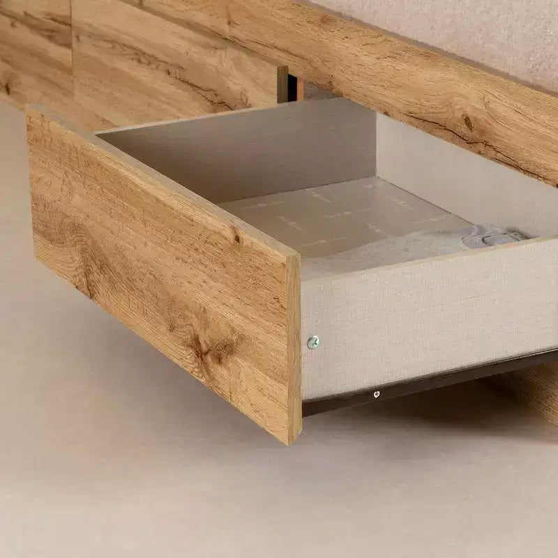 Lit double South Shore Versa chêne Nordik : style scandinave avec 3 tiroirs de rangement, cadre en panneaux de particules stratifiés