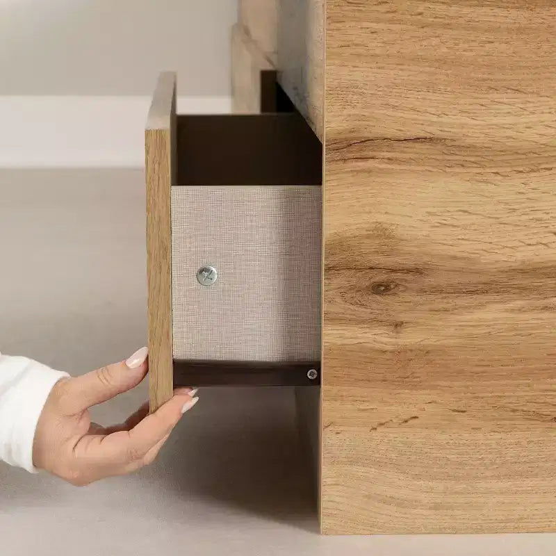Lit double South Shore Versa chêne Nordik : style scandinave avec 3 tiroirs de rangement, cadre en panneaux de particules stratifiés