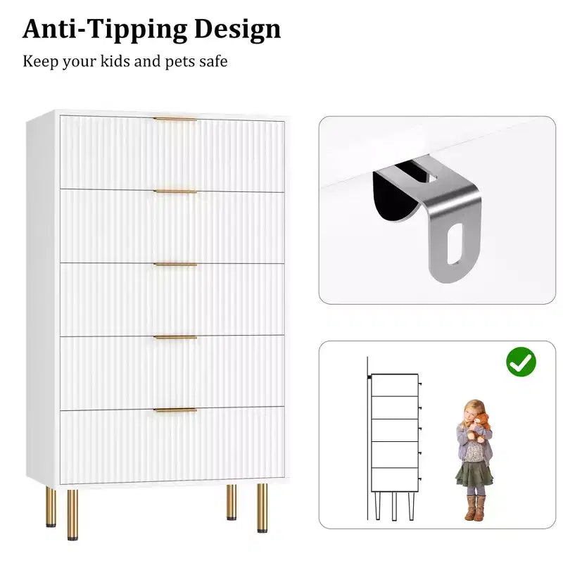 Commode 5 tiroirs blanc / marbre et bois – Panneau cannelé, pour usage individuel