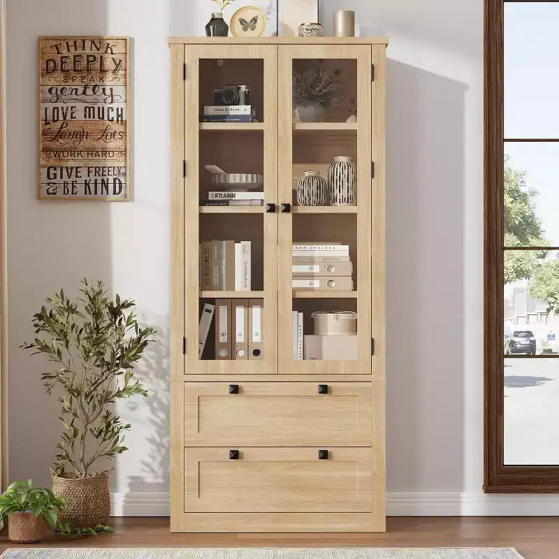 Vaisselier de cuisine de ferme avec portes vitrées, Armoire de rangement de 183 cm avec tiroirs et étagères réglables pour salle à manger, salle de bain, salon