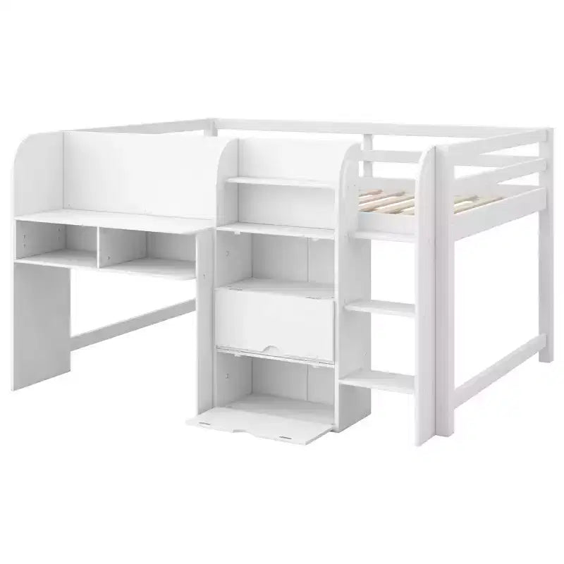 Lit mezzanine bas rose/blanc avec bureau, rangement et tableau blanc – 1 personne, format simple