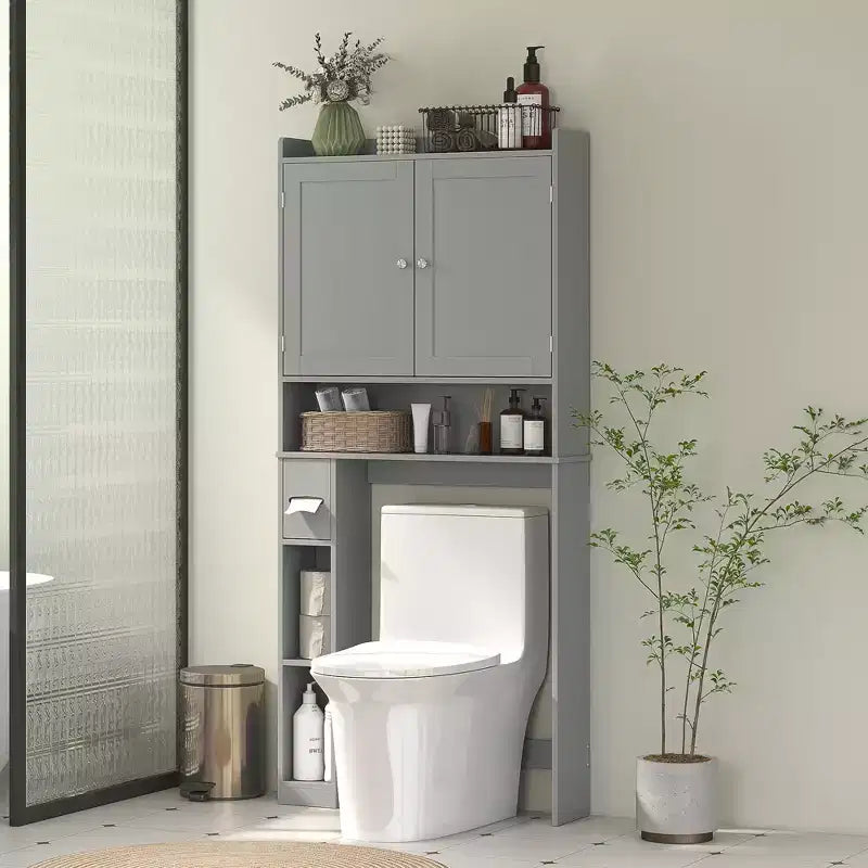 Meuble de rangement WC HOMCOM, Armoire de salle de bain moderne au-dessus des toilettes avec 2 portes, porte-papier toilette, étagère WC autoportante