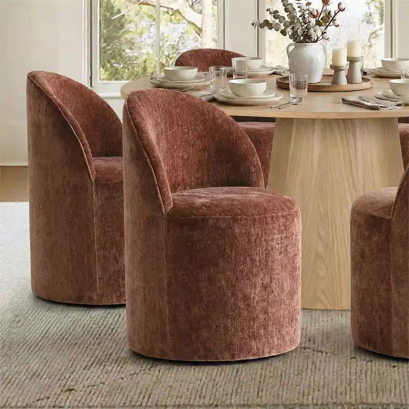 Ensemble de salle à manger moderne pour 6 personnes, table à manger ronde avec pied central, chaises de salle à manger pivotantes à roulettes, tissu chenille texturé - Panipeachy