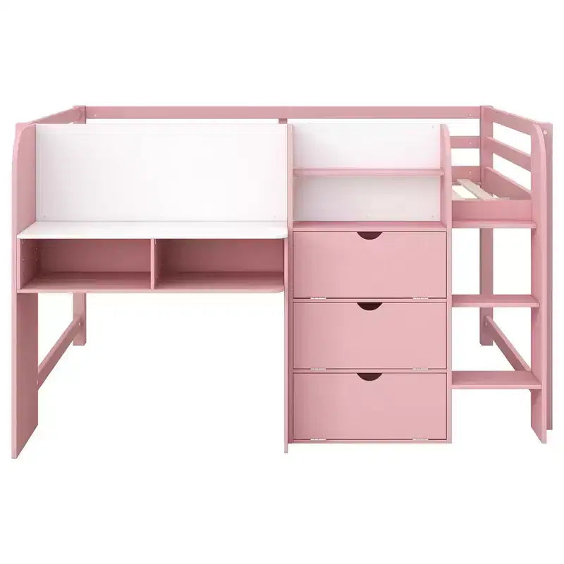 Lit mezzanine bas rose/blanc avec bureau, rangement et tableau blanc – 1 personne, format simple