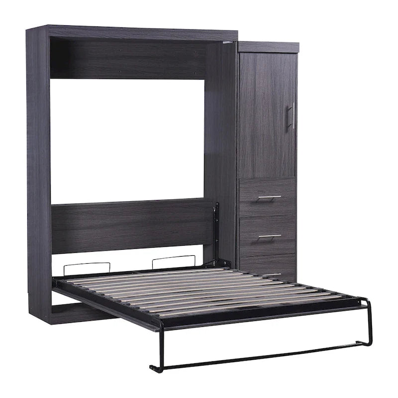 Lit escamotable gris avec armoire et 3 tiroirs, grand lit/lit simple, 1 personne