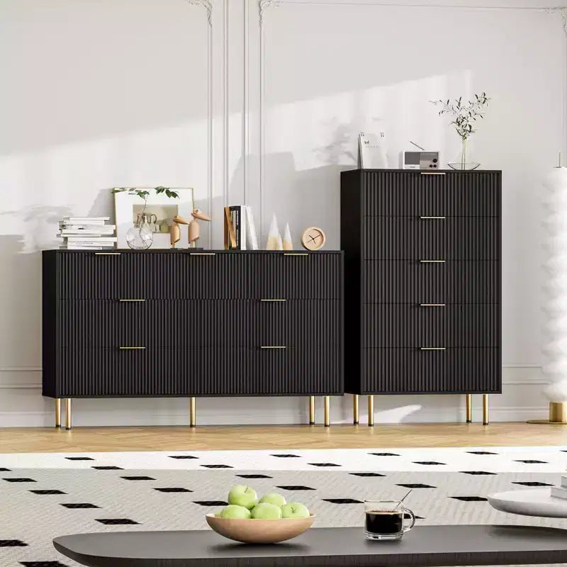 Commode 5 tiroirs blanc / marbre et bois – Panneau cannelé, pour usage individuel