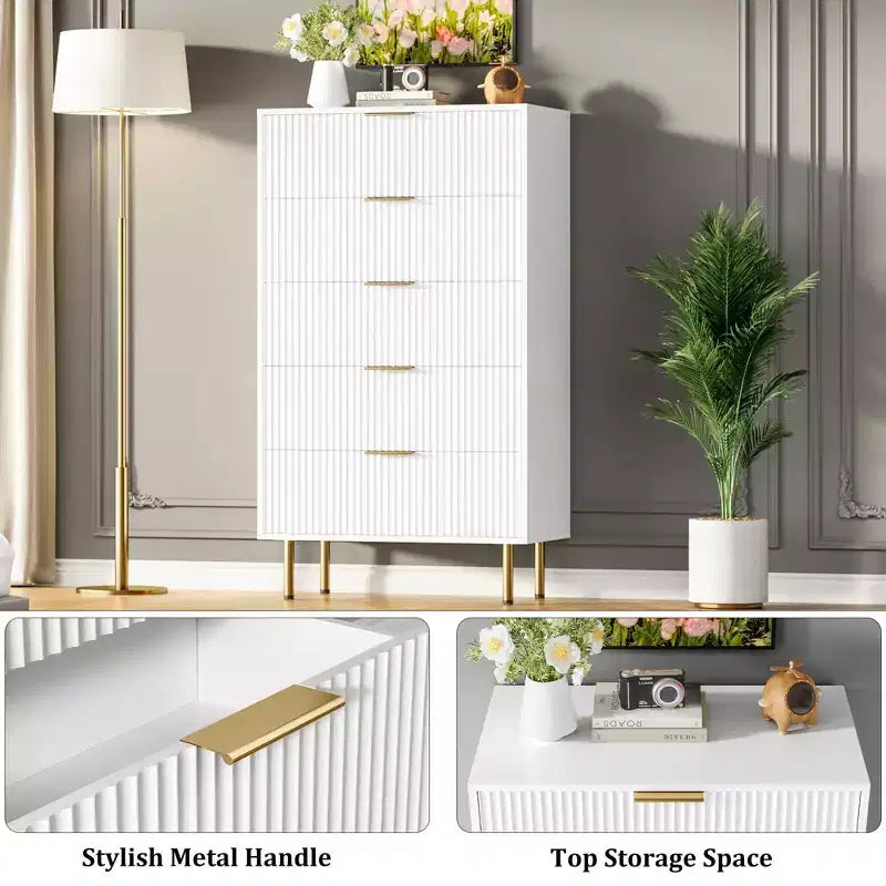 Commode 5 tiroirs blanc / marbre et bois – Panneau cannelé, pour usage individuel