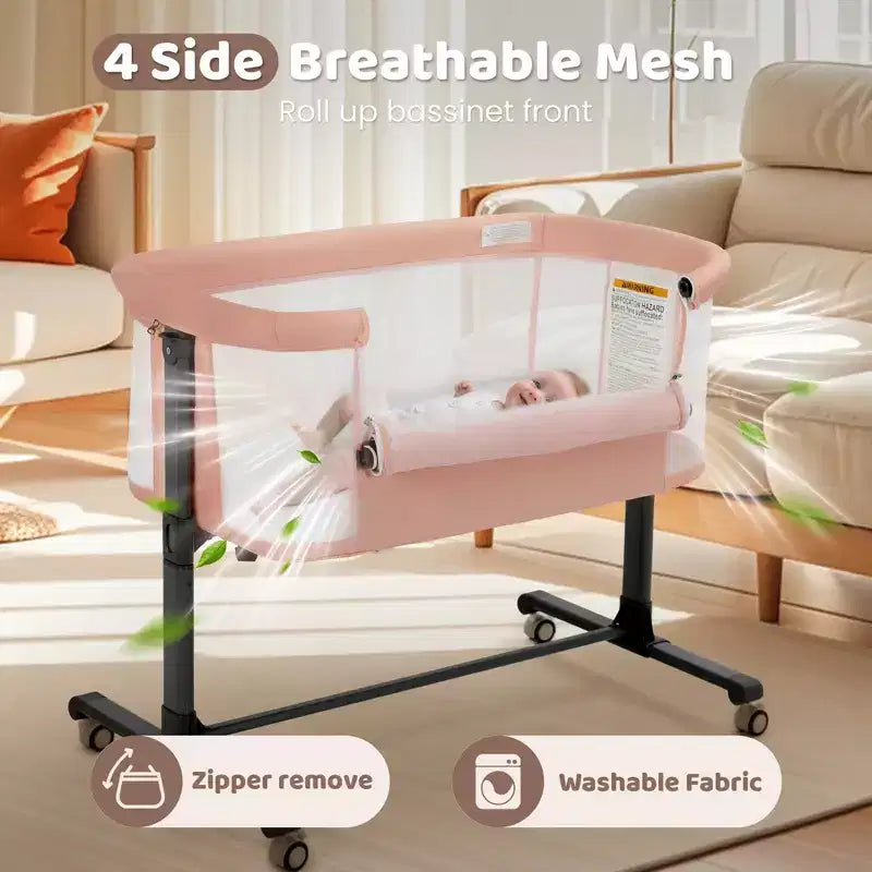Berceau pour bébé avec roulettes - Beige / Gris / Rose, cododo, pour 1 bébé