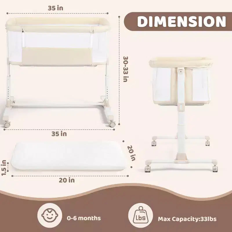 Berceau pour bébé avec roulettes - Beige / Gris / Rose, cododo, pour 1 bébé