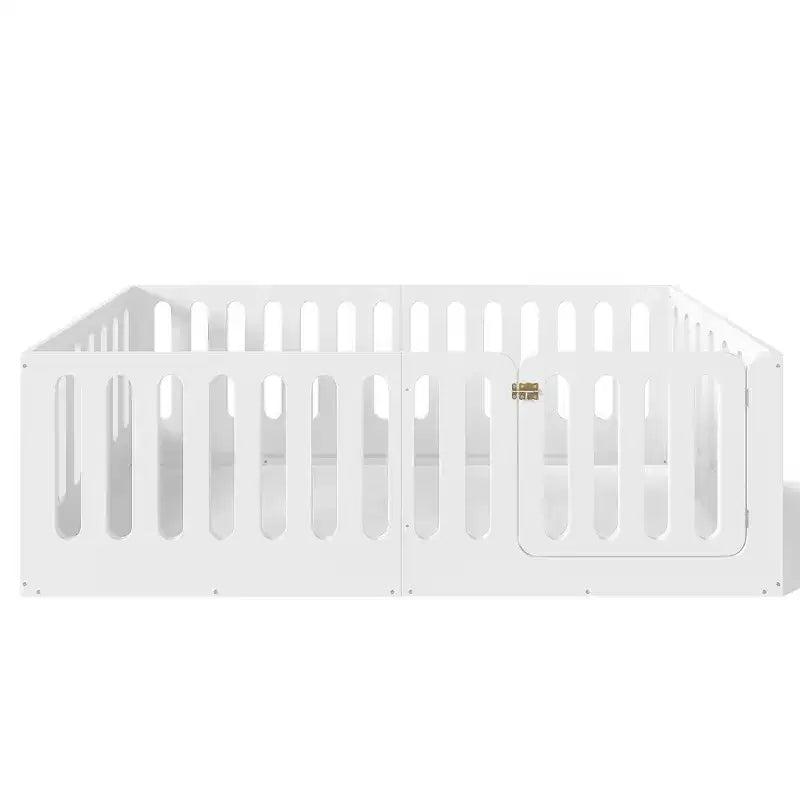 Lit au sol Montessori blanc pour enfant, modèle deux places avec barrières et porte, en bois massif, 1 place