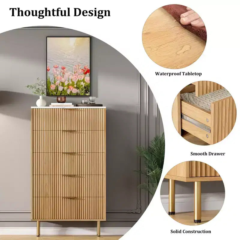 Commode 5 tiroirs blanc / marbre et bois – Panneau cannelé, pour usage individuel