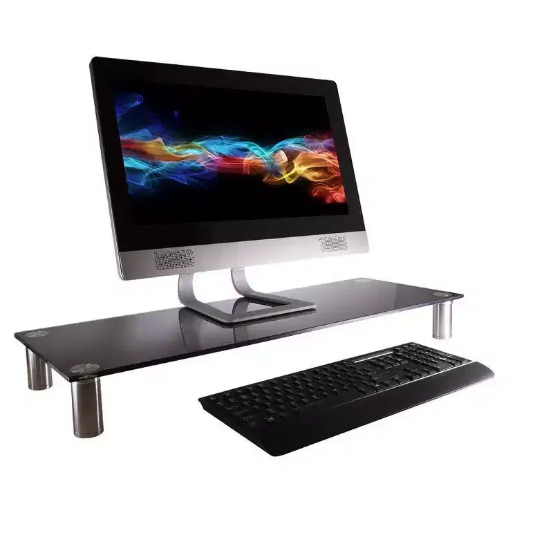 Support de bureau Monoprice Grand multimédia – Verre noir (78,2 x 27,9 cm) Support et réhausseur, support TV de bureau, deux moniteurs avec pieds réglables en hauteur