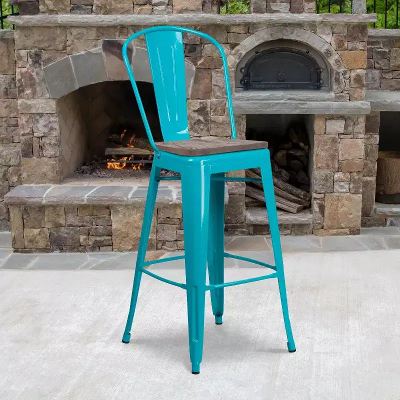Tabouret de bar en métal avec dossier et assise en bois Flash Furniture, hauteur 76 cm