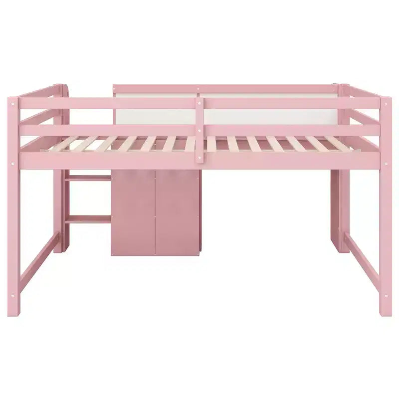 Lit mezzanine bas rose/blanc avec bureau, rangement et tableau blanc – 1 personne, format simple