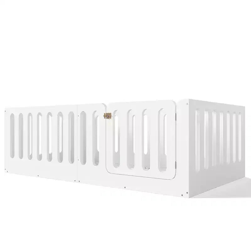 Lit au sol Montessori blanc pour enfant, modèle deux places avec barrières et porte, en bois massif, 1 place