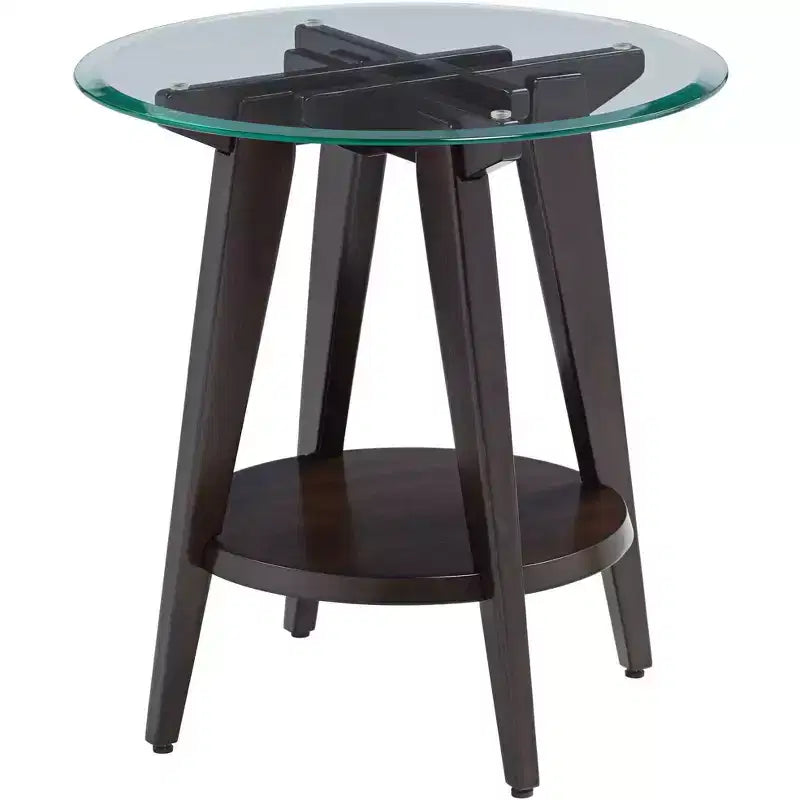 Table d'appoint ronde 55 Downing Street Farmhouse en bois de 61 cm de large avec étagère, plateau en verre trempé marron foncé pour salon, maison