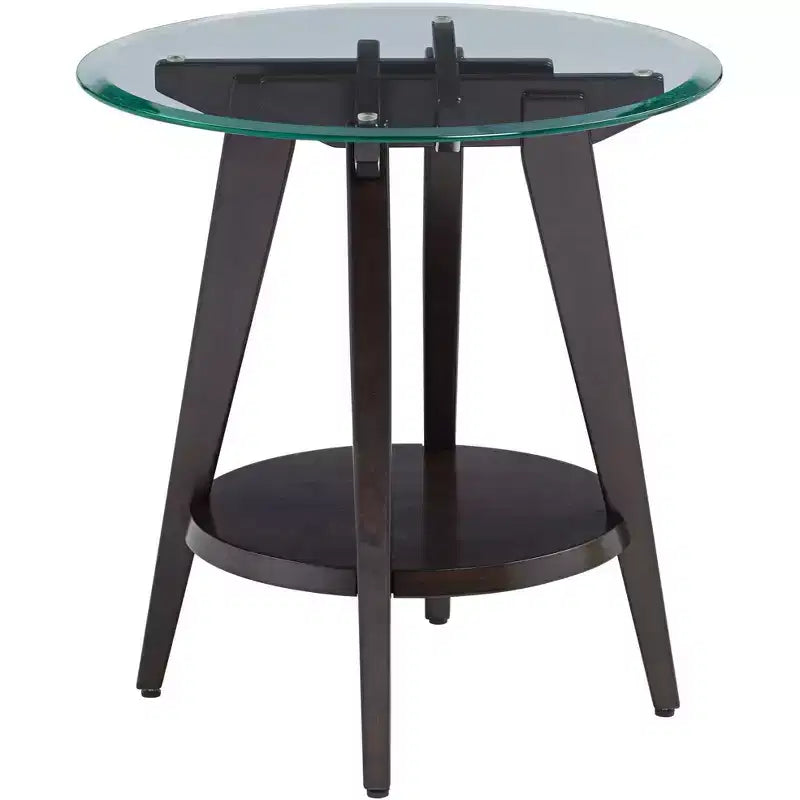 Table d'appoint ronde 55 Downing Street Farmhouse en bois de 61 cm de large avec étagère, plateau en verre trempé marron foncé pour salon, maison