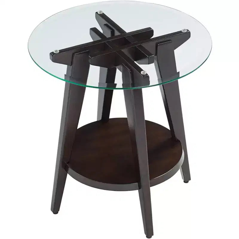 Table d'appoint ronde 55 Downing Street Farmhouse en bois de 61 cm de large avec étagère, plateau en verre trempé marron foncé pour salon, maison