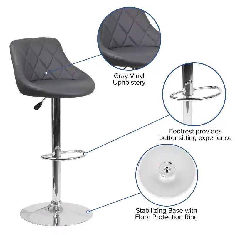 Tabouret de bar contemporain Flash Furniture avec siège baquet en vinyle, dossier à motif losanges et piètement chromé, réglable en hauteur