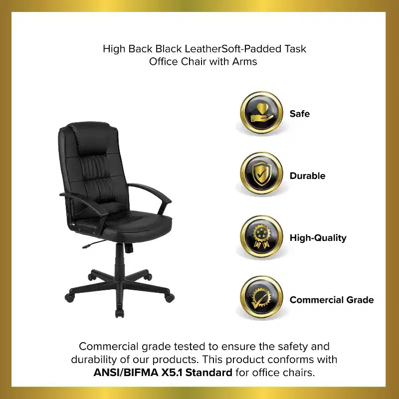 Fauteuil de bureau pivotant Emma et Oliver en cuir régénéré noir avec accoudoirs - Chaise de bureau