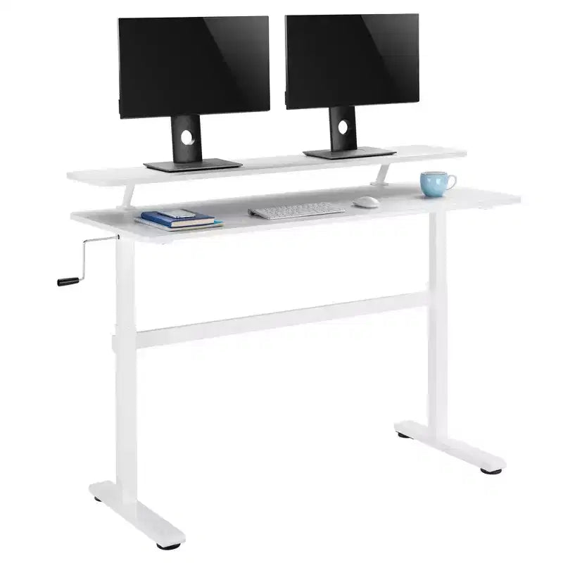 Tranzendesk Standing Desk with Clamp-On Shelf - 55 Sit to Stand Workstation with 55 Monitor Stand - White - Stand Steady