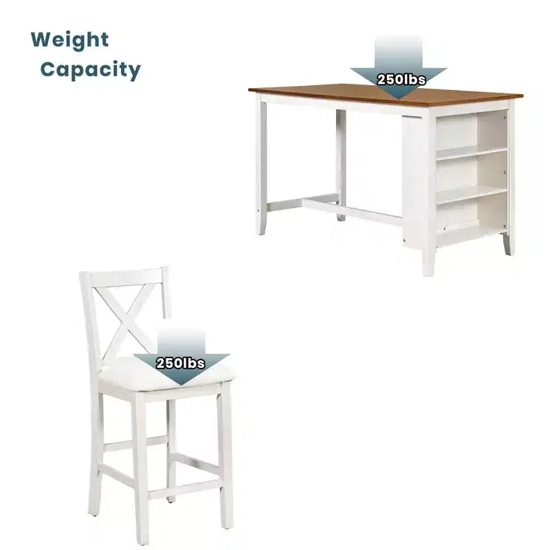 Ensemble table et chaises Homy Casa 5 pièces hauteur comptoir avec étagères de rangement, blanc et noyer, style ferme moderne