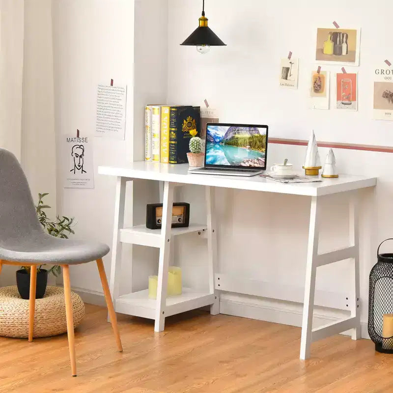 Costway Bureau Informatique à Tréteaux Poste de Travail Domicile/Bureau avec Étagères Amovibles Bleu Vintage/Blanc