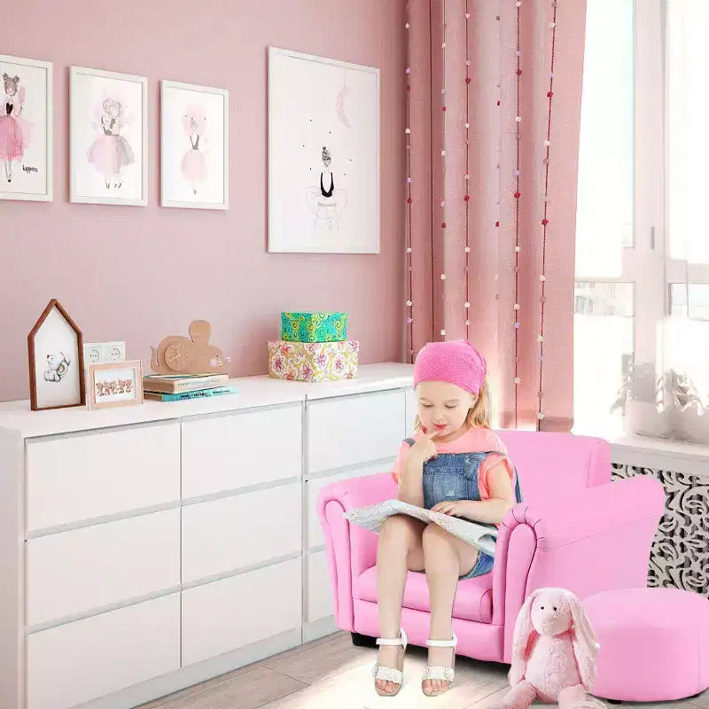 Costway Canapé pour enfants avec accoudoirs, pouf, cadeau d'anniversaire pour tout-petits, rose