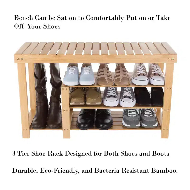 Banc de rangement à chaussures et bottes en bambou à 3 niveaux Hastings Home avec assise - Bois naturel