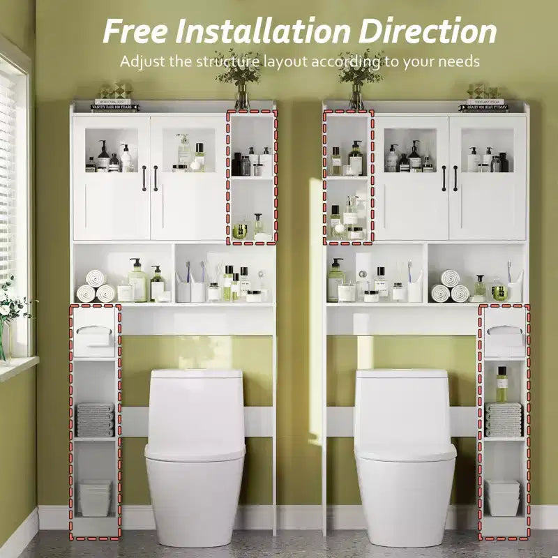 Meuble de rangement pour toilettes – Organisateur de salle de bain de style ferme de 171 cm de haut avec étagère réglable et porte en verre pour salle de bain, buanderie