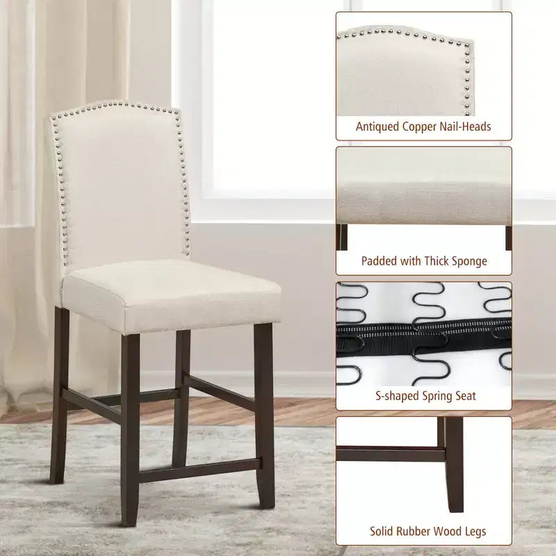 Costway Lot de 2 tabourets de bar en tissu avec clous décoratifs Hauteur comptoir Chaises de salle à manger Gris/Beige