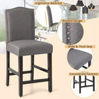 Costway Lot de 2 tabourets de bar en tissu avec clous décoratifs Hauteur comptoir Chaises de salle à manger Gris/Beige