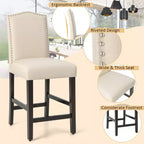 Costway Lot de 2 tabourets de bar en tissu avec clous décoratifs Hauteur comptoir Chaises de salle à manger Gris/Beige