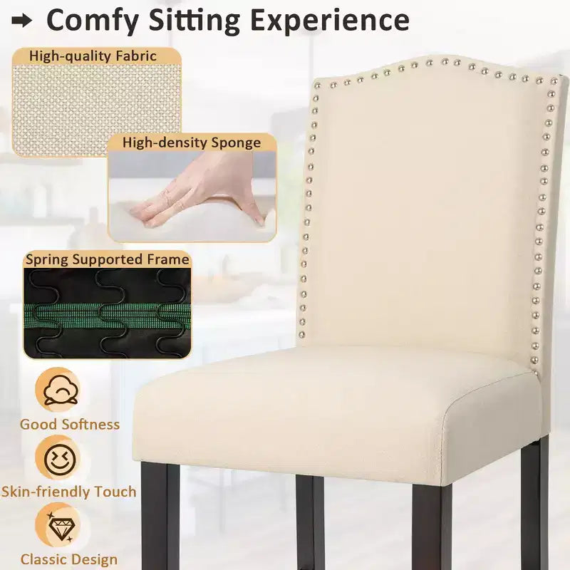 Costway Lot de 2 tabourets de bar en tissu avec clous décoratifs Hauteur comptoir Chaises de salle à manger Gris/Beige