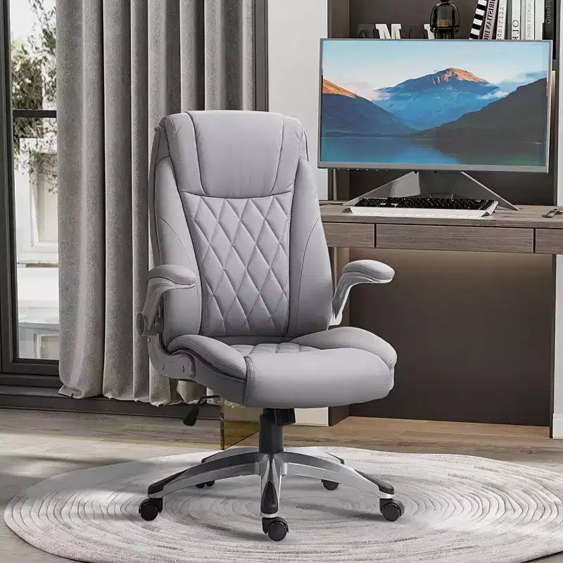 Chaise de bureau ergonomique Vinsetto à dossier haut et pivotante à 360° avec accoudoirs relevables, fauteuil de bureau en similicuir, gris