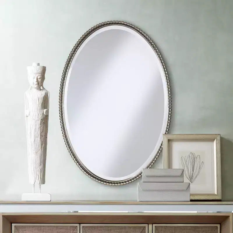 Miroir mural décoratif ovale Uttermost pour coiffeuse, verre biseauté, cadre en métal nickel brossé, 56 cm de large pour salle de bain, chambre à coucher, salon