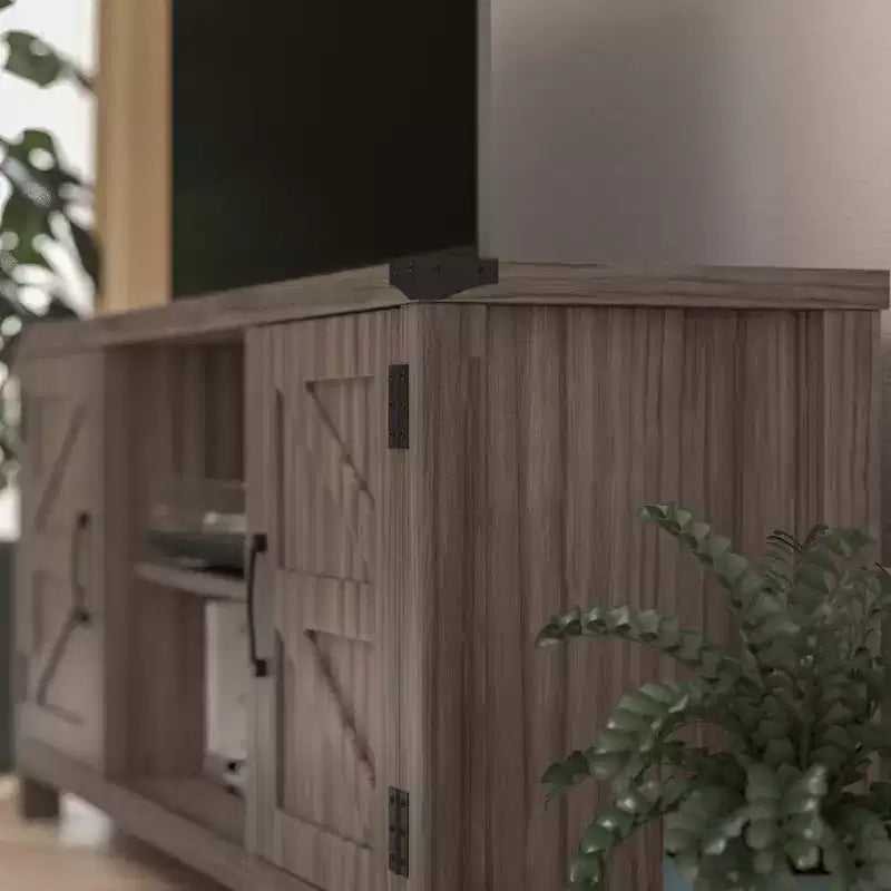 Meuble TV Merrick Lane style porte de grange 150 cm pour téléviseur jusqu'à 65 po