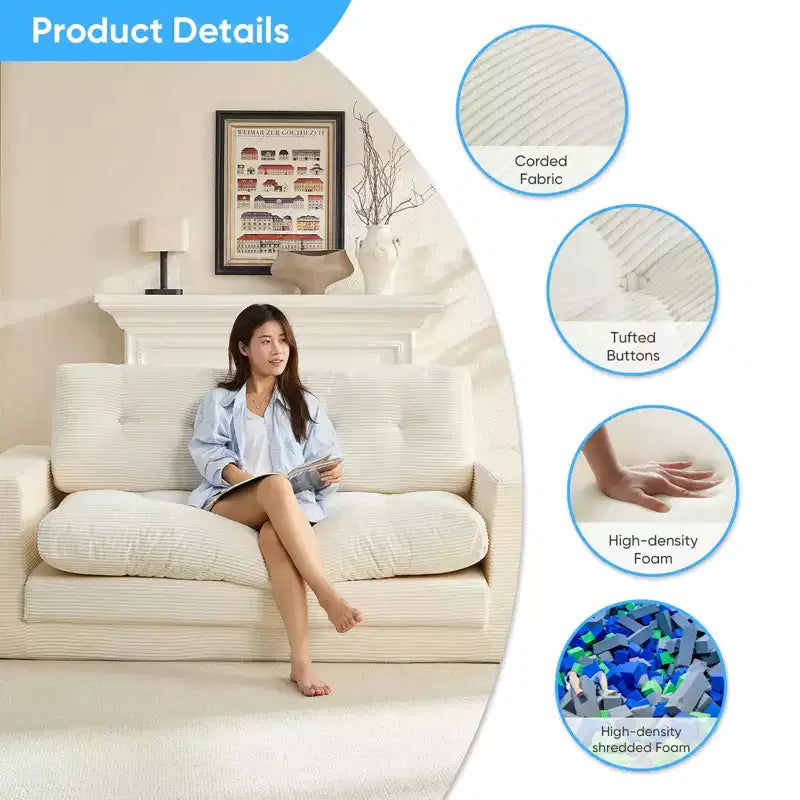 Mjkone Canapé-Lit Futon Convertible 2-en-1 180 cm, Canapé Deux Places Pliable en Tissu Côtelé avec Boutons Touffetés, Idéal pour Petits Espaces